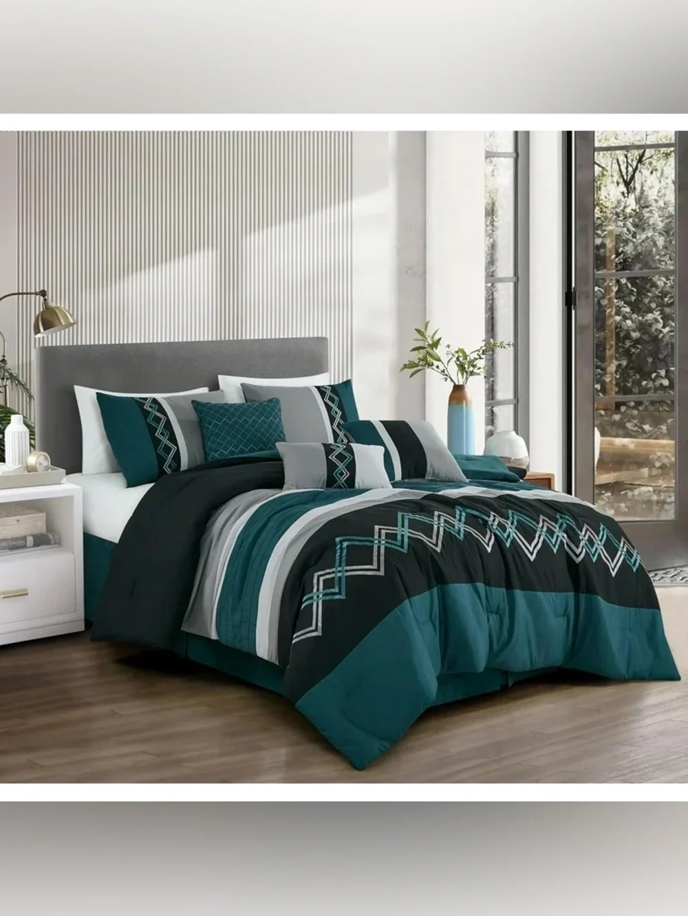 Teal and Gray Geometric Comforter Set - Home Bedding